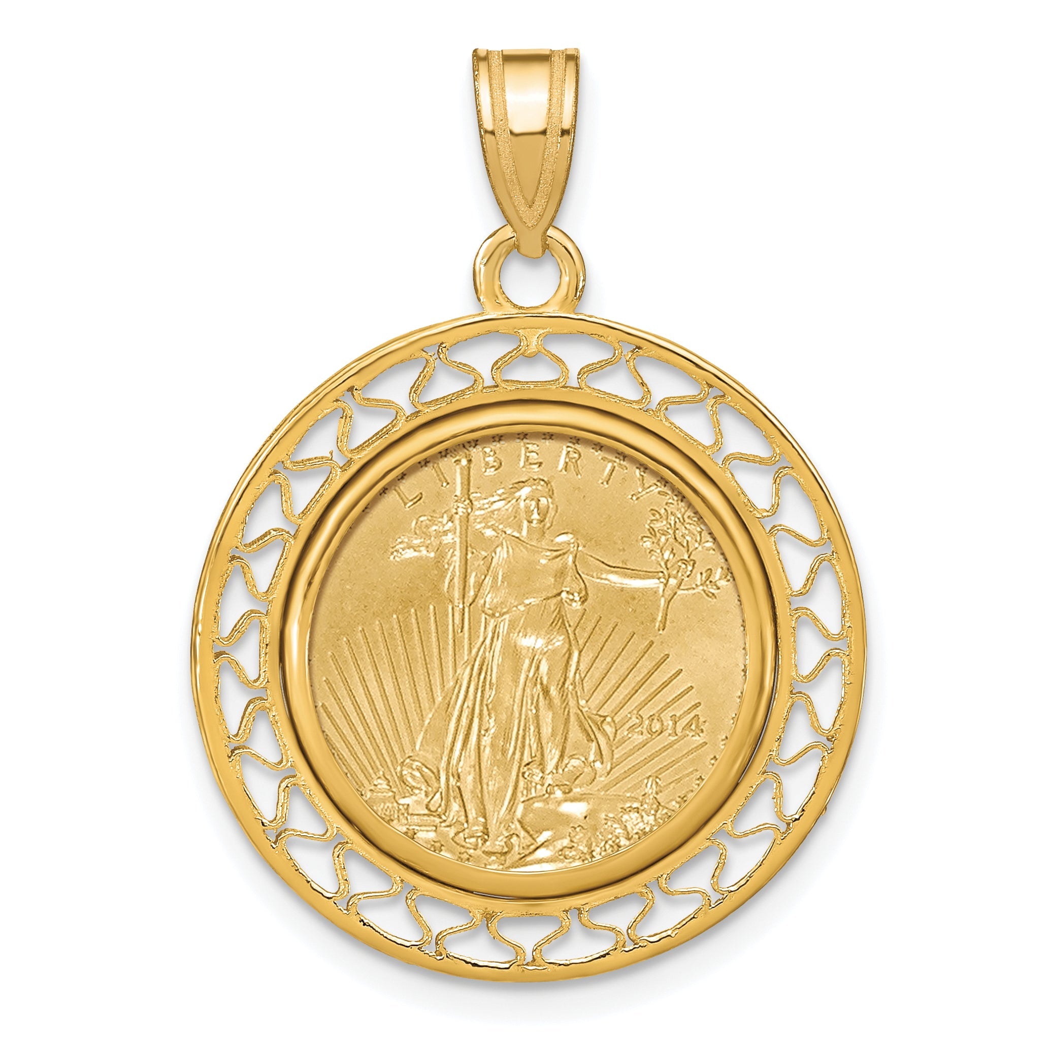 14K Yellow Gold Wideband Distinguished Coin Jewelry Polished Fancy Wire Mounted 1/10Oz American Eagle Prong Bezel Pendant