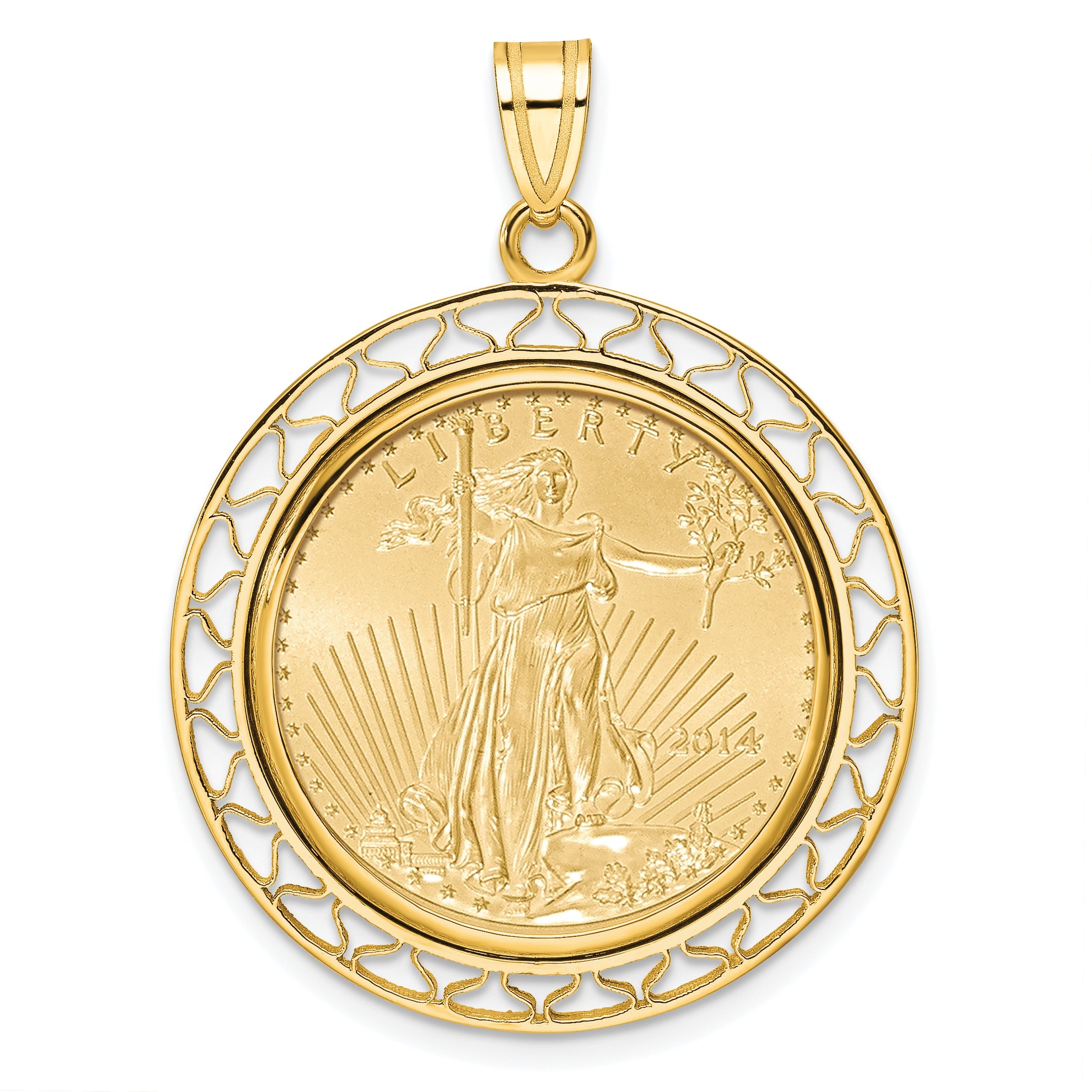 14K Yellow Gold Wideband Distinguished Coin Jewelry Polished Fancy Wire Mounted 1/4Oz American Eagle Prong Bezel Pendant