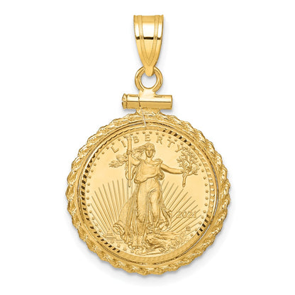 14K Yellow Gold Wideband Distinguished Coin Jewelry 14Ky Diamond-Cut Casted Rope Screw Top Mounted 1/10Oz American Eagle Bezel Pendant