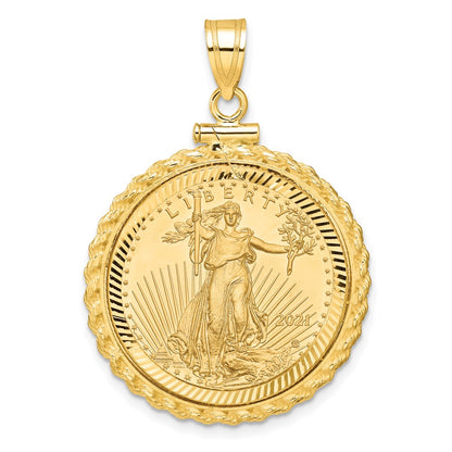 14K Yellow Gold Wideband Distinguished Coin Jewelry 14Ky Diamond-Cut Casted Rope Screw Top Mounted 1/4Oz American Eagle Bezel Pendant