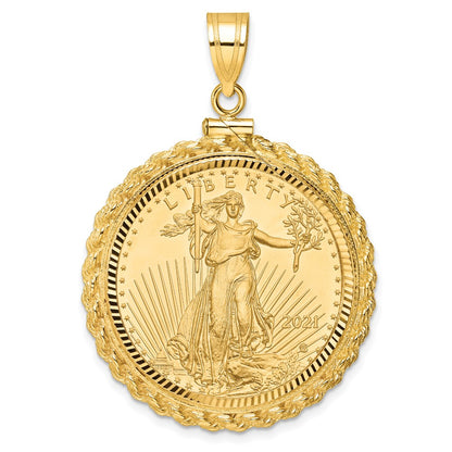 14K Yellow Gold Wideband Distinguished Coin Jewelry 14Ky Diamond-Cut Casted Rope Screw Top Mounted 1/2Oz American Eagle Bezel Pendant