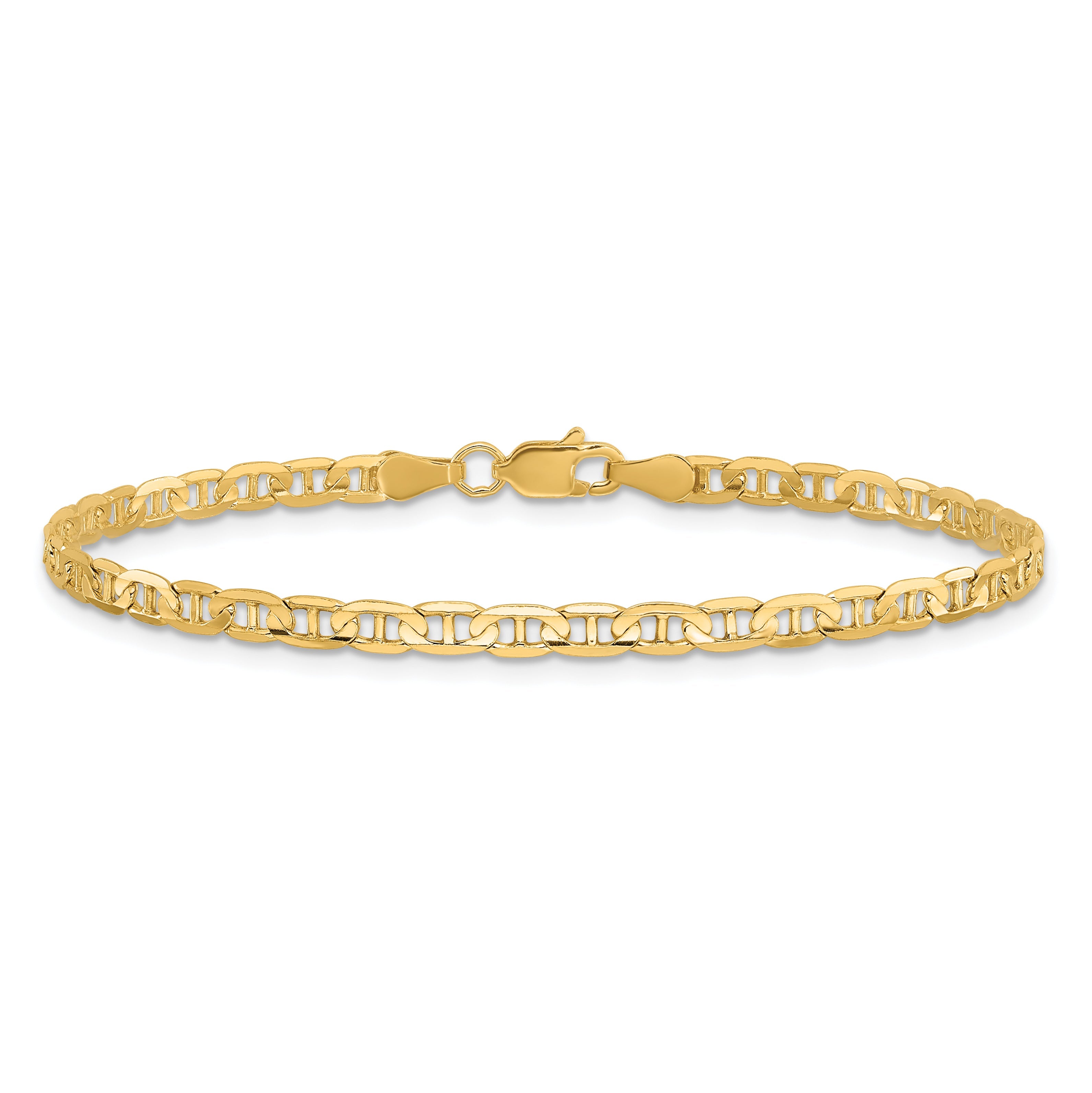 14K Yellow Gold 7 Inch 3mm Concave Anchor With Lobster Clasp Bracelet
