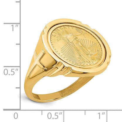 14K Yellow Gold Wideband Distinguished Coin Jewelry Men'S Polished With Cross Sides Mounted 1/10Oz American Eagle Bezel Ring