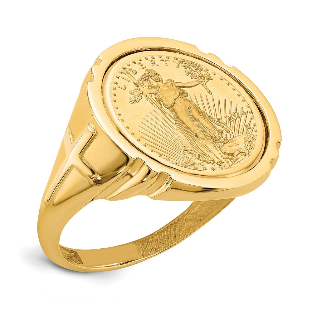 14K Yellow Gold Wideband Distinguished Coin Jewelry Men'S Polished With Cross Sides Mounted 1/10Oz American Eagle Bezel Ring