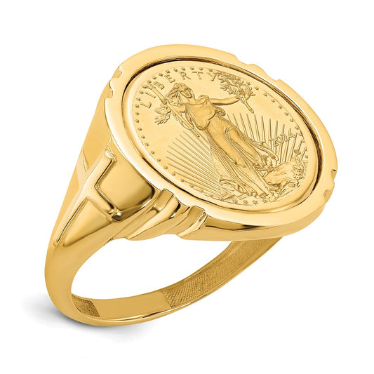 14K Yellow Gold Wideband Distinguished Coin Jewelry Men'S Polished With Cross Sides Mounted 1/10Oz American Eagle Bezel Ring