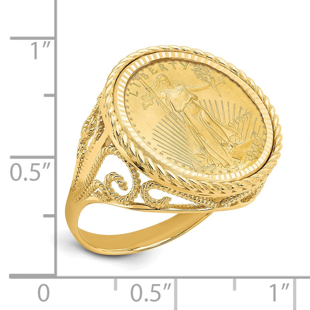 14K Yellow Gold Wideband Distinguished Coin Jewelry Ladies' Polished Diamond Cut And Twisted Wire Scroll Design Mounted 1/10Oz American Eagle Bezel Ring