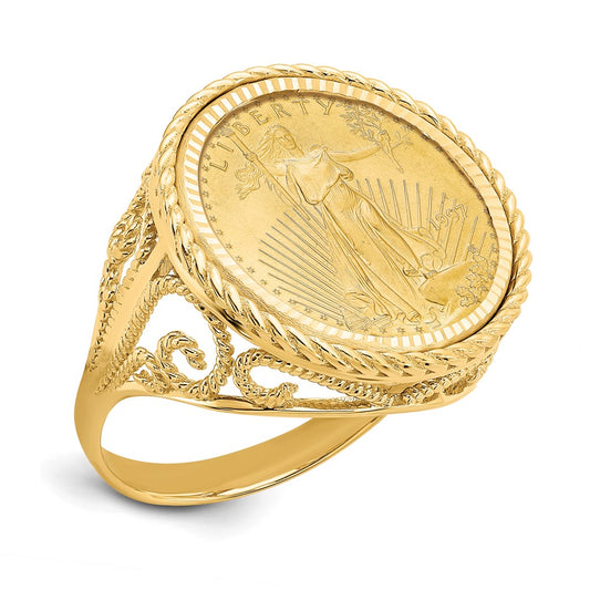 14K Yellow Gold Wideband Distinguished Coin Jewelry Ladies' Polished Diamond Cut And Twisted Wire Scroll Design Mounted 1/10Oz American Eagle Bezel Ring