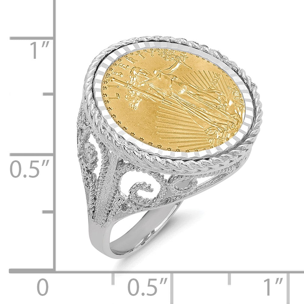 14K White Gold Wideband Distinguished Coin Jewelry Ladies' Polished Diamond Cut And Twisted Wire Scroll Design Mounted 1/10Oz American Eagle Bezel Ring
