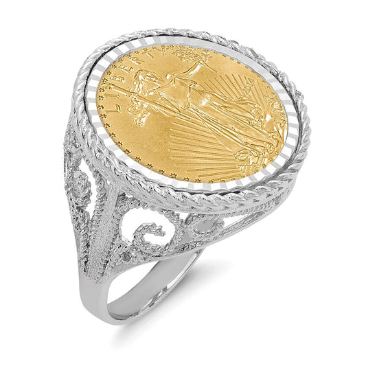 14K White Gold Wideband Distinguished Coin Jewelry Ladies' Polished Diamond Cut And Twisted Wire Scroll Design Mounted 1/10Oz American Eagle Bezel Ring