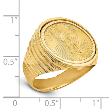 14K Yellow Gold Wideband Distinguished Coin Jewelry Men'S Polished And Diamond Cut Ribbed Edge Mounted 1/10Oz American Eagle Bezel Ring