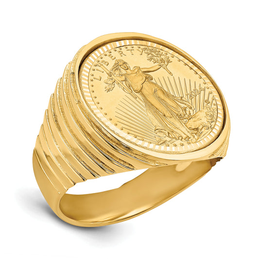14K Yellow Gold Wideband Distinguished Coin Jewelry Men'S Polished And Diamond Cut Ribbed Edge Mounted 1/10Oz American Eagle Bezel Ring