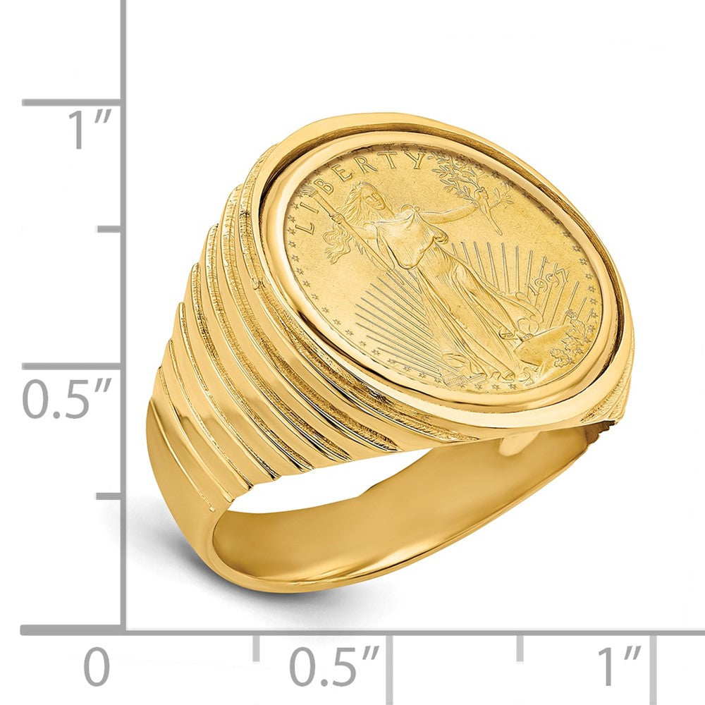 14K Yellow Gold Wideband Distinguished Coin Jewelry Men'S Polished Ribbed Edge Mounted 1/10Oz American Eagle Bezel Ring