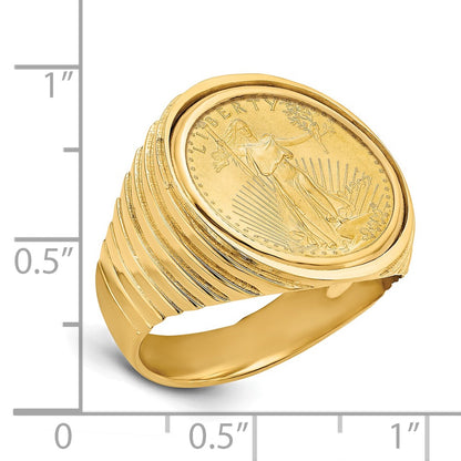 14K Yellow Gold Wideband Distinguished Coin Jewelry Men'S Polished Ribbed Edge Mounted 1/10Oz American Eagle Bezel Ring