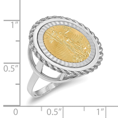 14K White Gold Wideband Distinguished Coin Jewelry Ladies' Polished Textured And Diamond Cut Rope Edge Mounted 1/10Oz American Eagle Bezel Ring