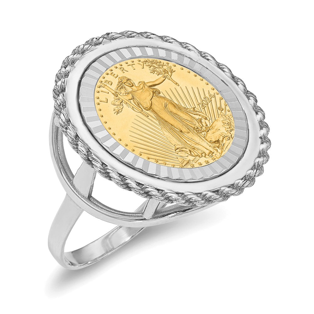 14K White Gold Wideband Distinguished Coin Jewelry Ladies' Polished Textured And Diamond Cut Rope Edge Mounted 1/10Oz American Eagle Bezel Ring