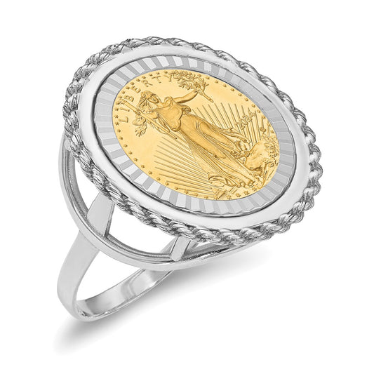 14K White Gold Wideband Distinguished Coin Jewelry Ladies' Polished Textured And Diamond Cut Rope Edge Mounted 1/10Oz American Eagle Bezel Ring