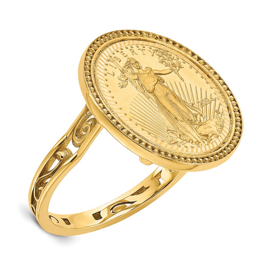 14K Yellow Gold Wideband Distinguished Coin Jewelry Ladies' Polished And Diamond Cut With Filigree Sides Beaded Top Mounted 1/10Oz American Eagle Bezel Ring