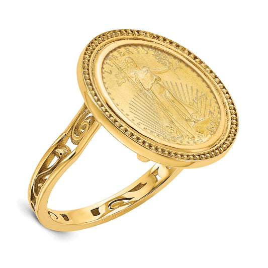 14K Yellow Gold Wideband Distinguished Coin Jewelry Ladies' Polished Filigree Sides And Beaded Top Mounted 1/10Oz American Eagle Bezel Ring