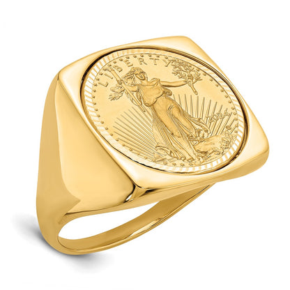 14K Yellow Gold Wideband Distinguished Coin Jewelry Men'S Polished And Diamond Cut Square Shaped Mounted 1/10Oz American Eagle Bezel Ring