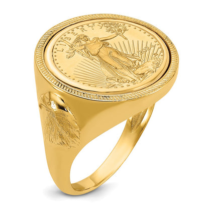 14K Yellow Gold Wideband Distinguished Coin Jewelry Men'S Polished And Textured With Eagle Side Mounted 1/10Oz American Bezel Ring