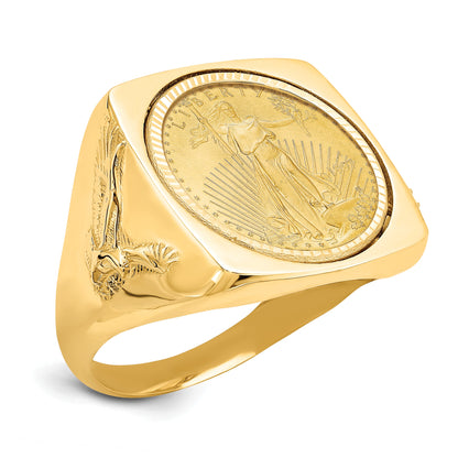14K Yellow Gold Wideband Distinguished Coin Jewelry Men'S Polished And Diamond Cut With Flying Eagle Side Square Shaped Mounted 1/10Oz American Bezel Ring