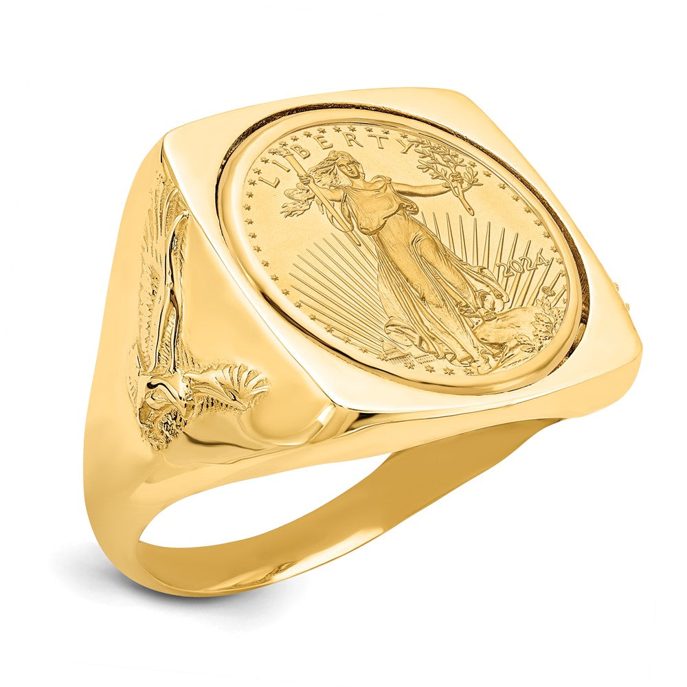 14K Yellow Gold Wideband Distinguished Coin Jewelry Men'S Polished With Flying Eagle Side Square Shaped Mounted 1/10Oz American Bezel Ring