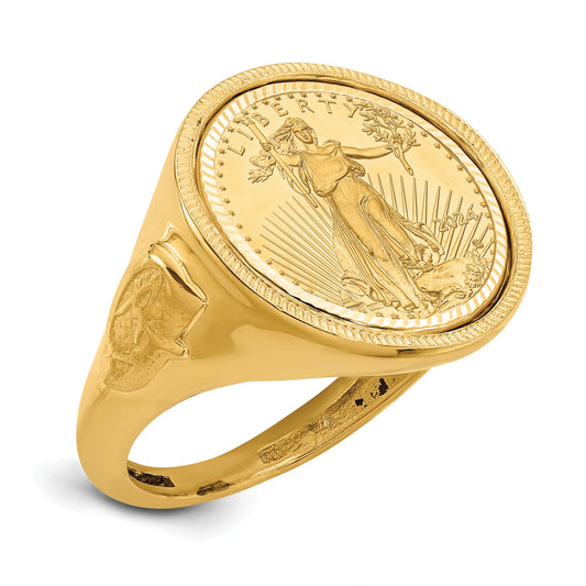 14K Yellow Gold Wideband Distinguished Coin Jewelry Men'S Polished Textured And Diamond Cut With Masonic Sides Mounted 1/10Oz American Eagle Bezel Ring