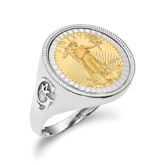 14K White Gold Wideband Distinguished Coin Jewelry Men'S Polished Textured And Diamond Cut With Masonic Sides Mounted 1/10Oz American Eagle Bezel Ring