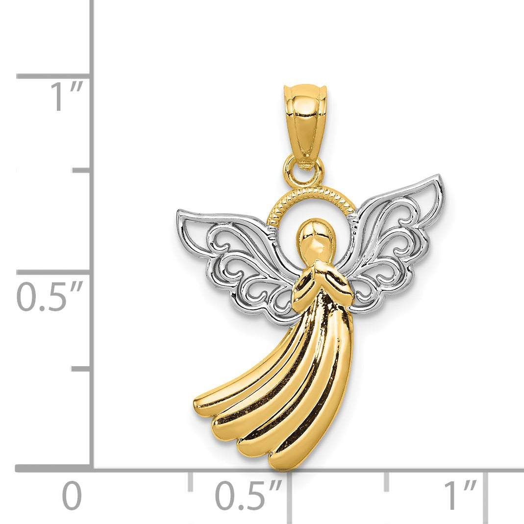 10K Two-Tone W/Rhodium Filigree Angel Pendant
