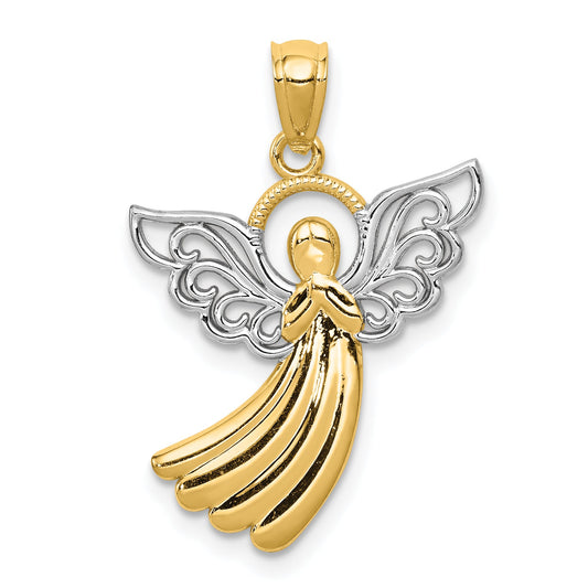 10K Two-Tone W/Rhodium Filigree Angel Pendant
