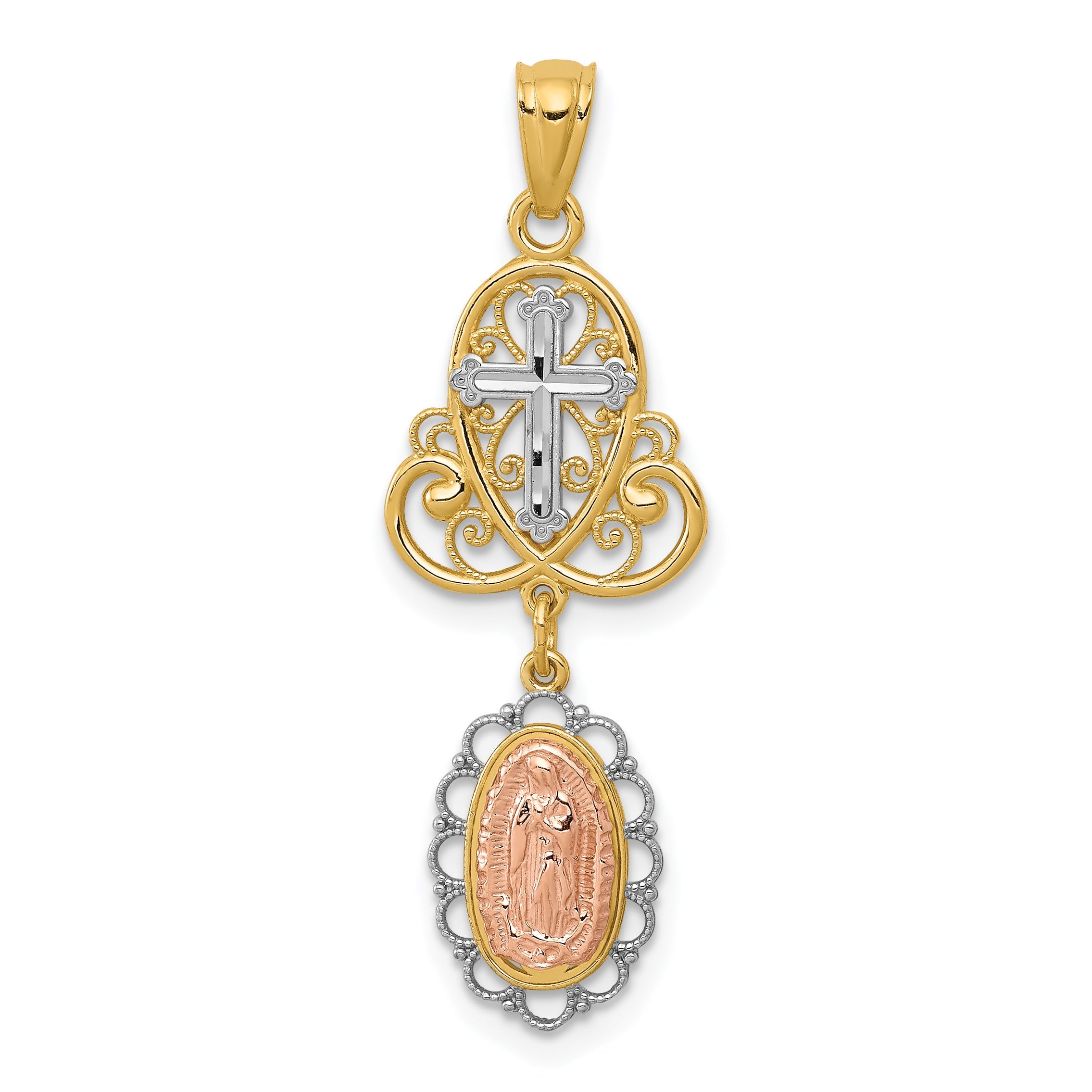 14K Two-Tone W/White Rhodium Lady Guadalupe Cross Pendant