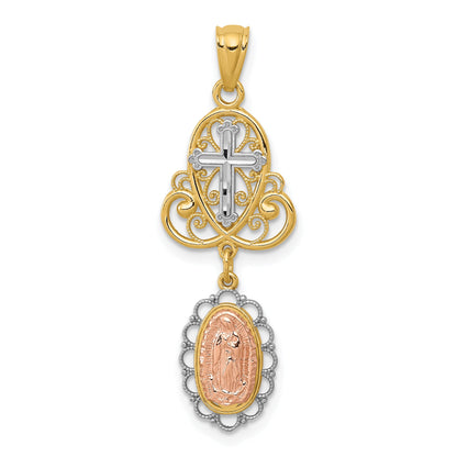 14K Two-Tone W/White Rhodium Lady Guadalupe Cross Pendant