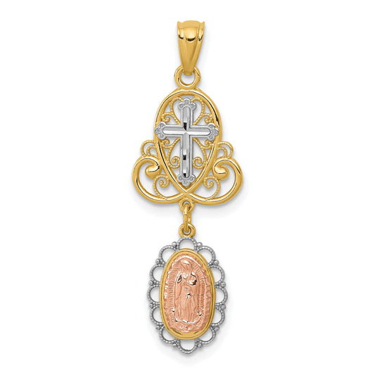14K Two-Tone W/White Rhodium Lady Guadalupe Cross Pendant