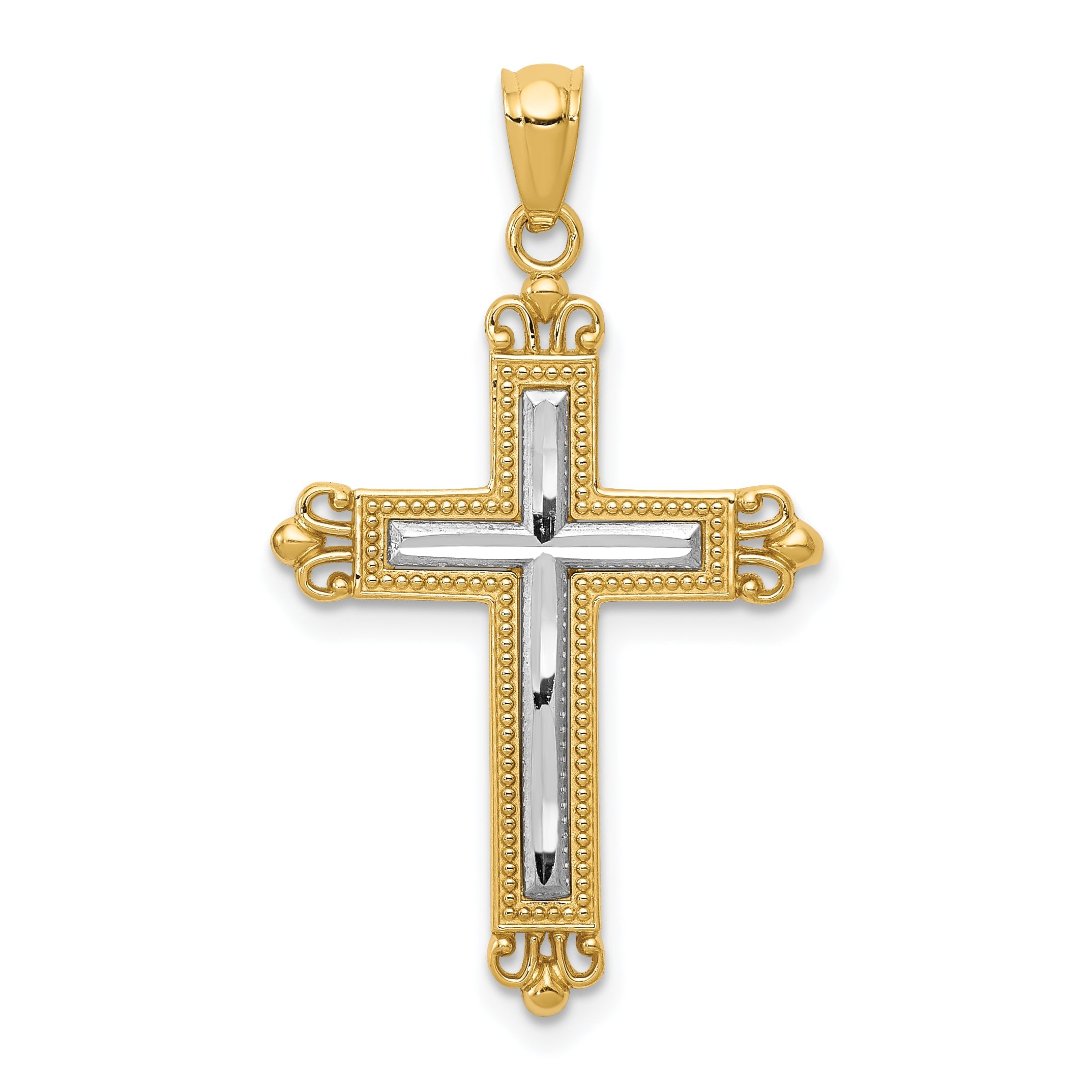 14K Yellow & Rhodium W/Rhodium Diamond Cut Cross Pendant