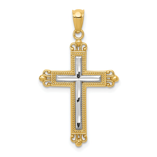 14K Yellow & Rhodium W/Rhodium Diamond Cut Cross Pendant
