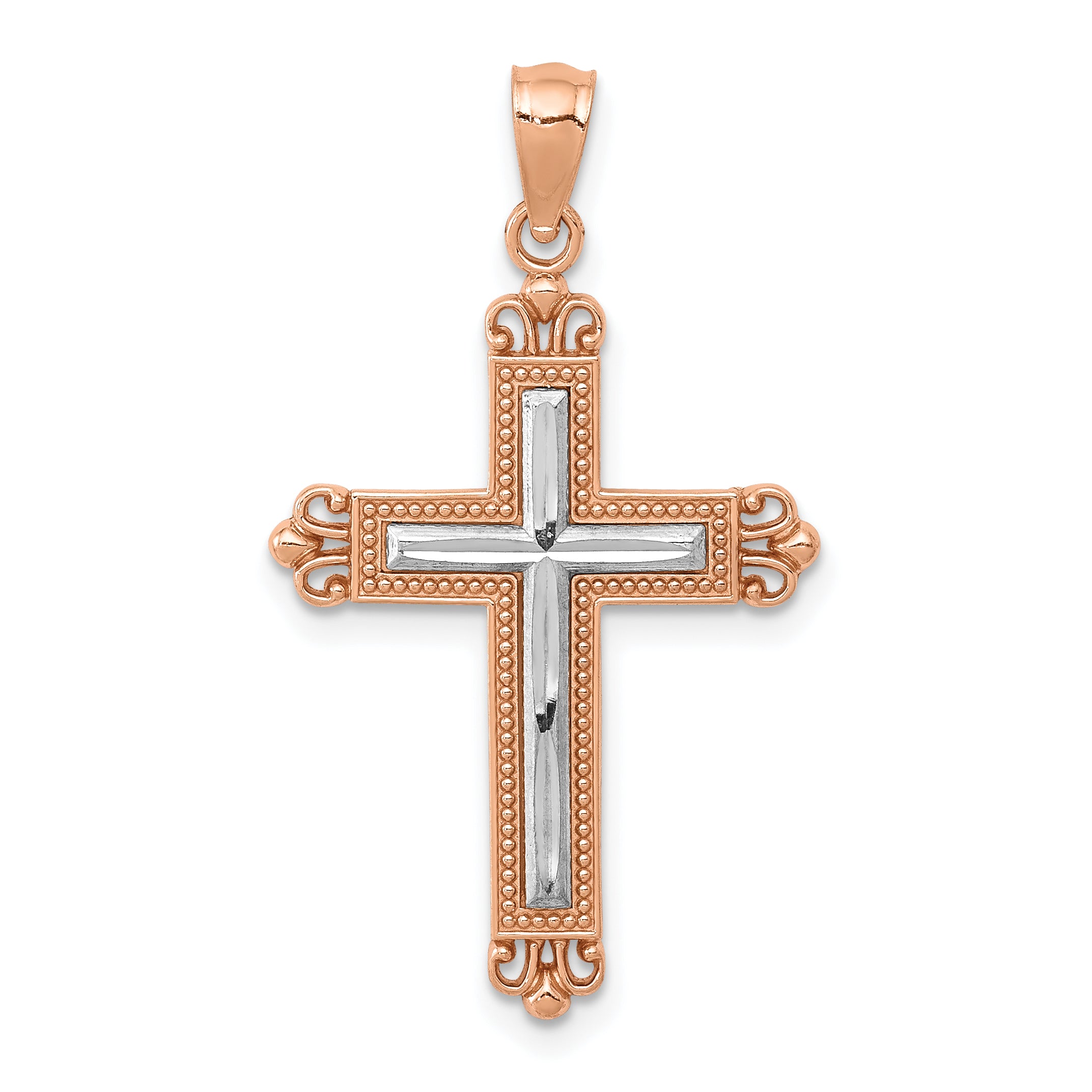14K Rose Gold W/Rhodium Diamond-Cut Cross Pendant