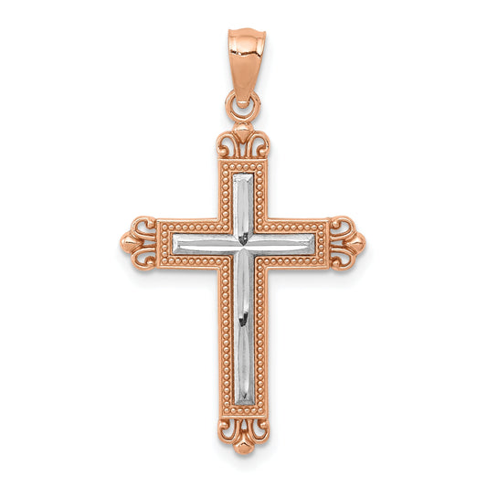 14K Rose Gold W/Rhodium Diamond-Cut Cross Pendant