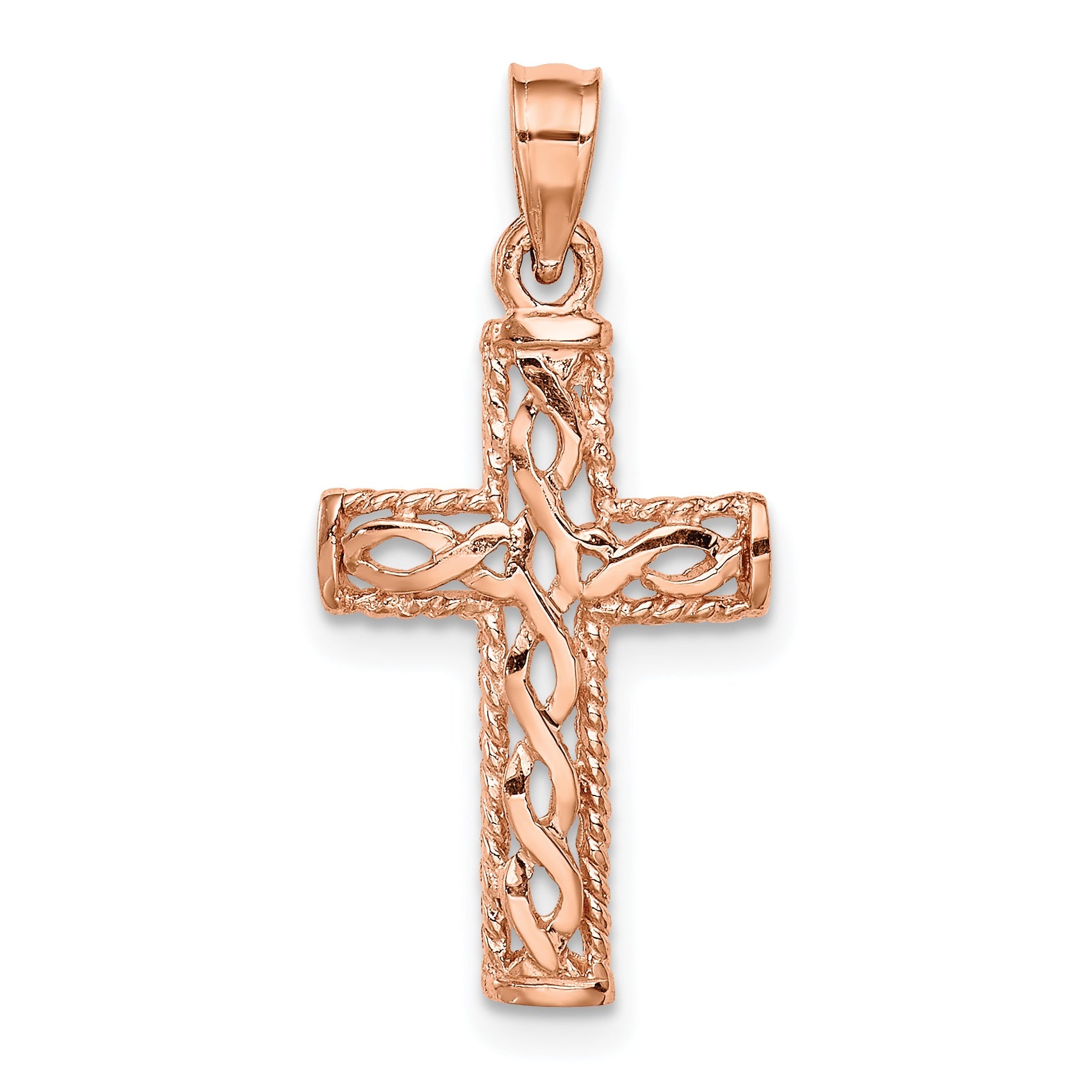 14K Rose Gold Polished Braided Cross Pendant