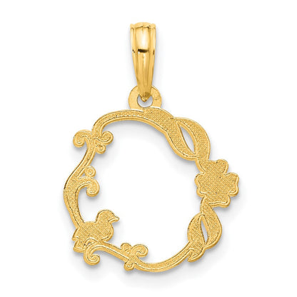 14K Yellow Gold Polished Floral with Bird Circle Pendant