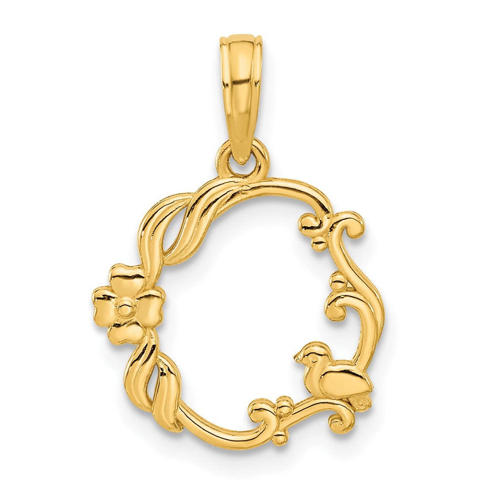 14K Yellow Gold Polished Floral with Bird Circle Pendant