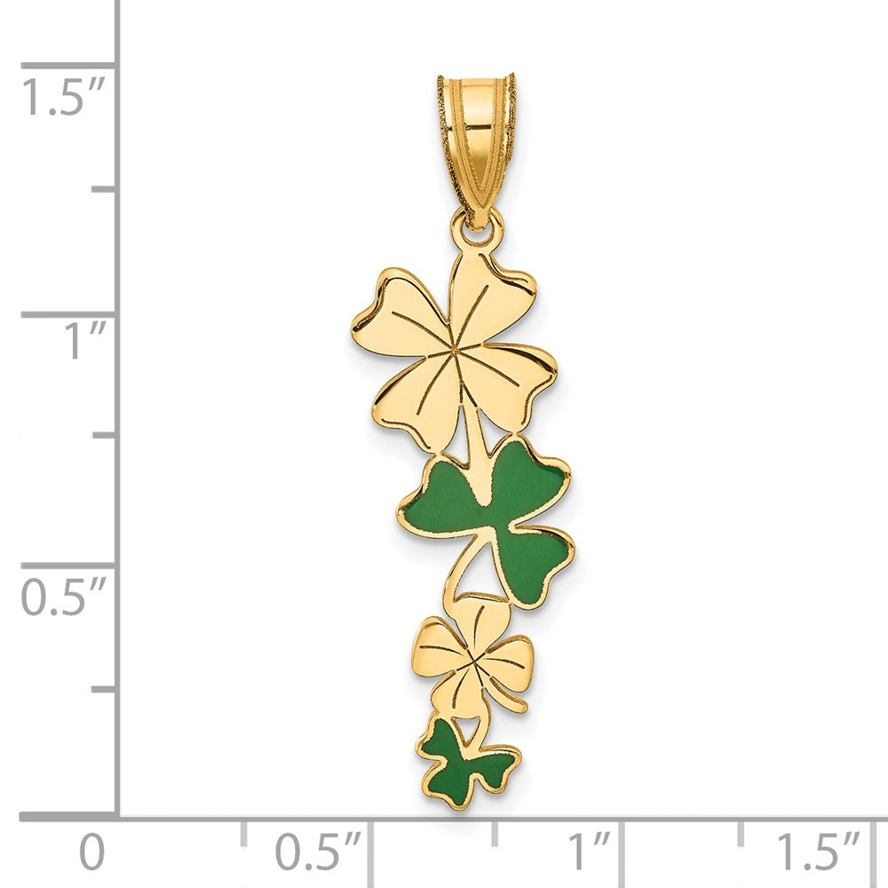 14K Yellow Gold Polished with Green Enameled Clovers Pendant
