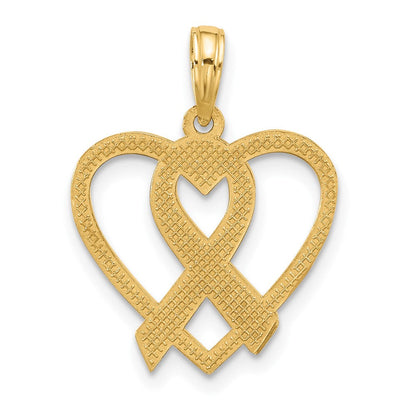 14K Yellow Gold Polished Awareness Ribbon and Heart Charm