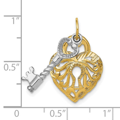 14k Two-tone Gold Moveable Filigree Key and Heart Lock Charm
