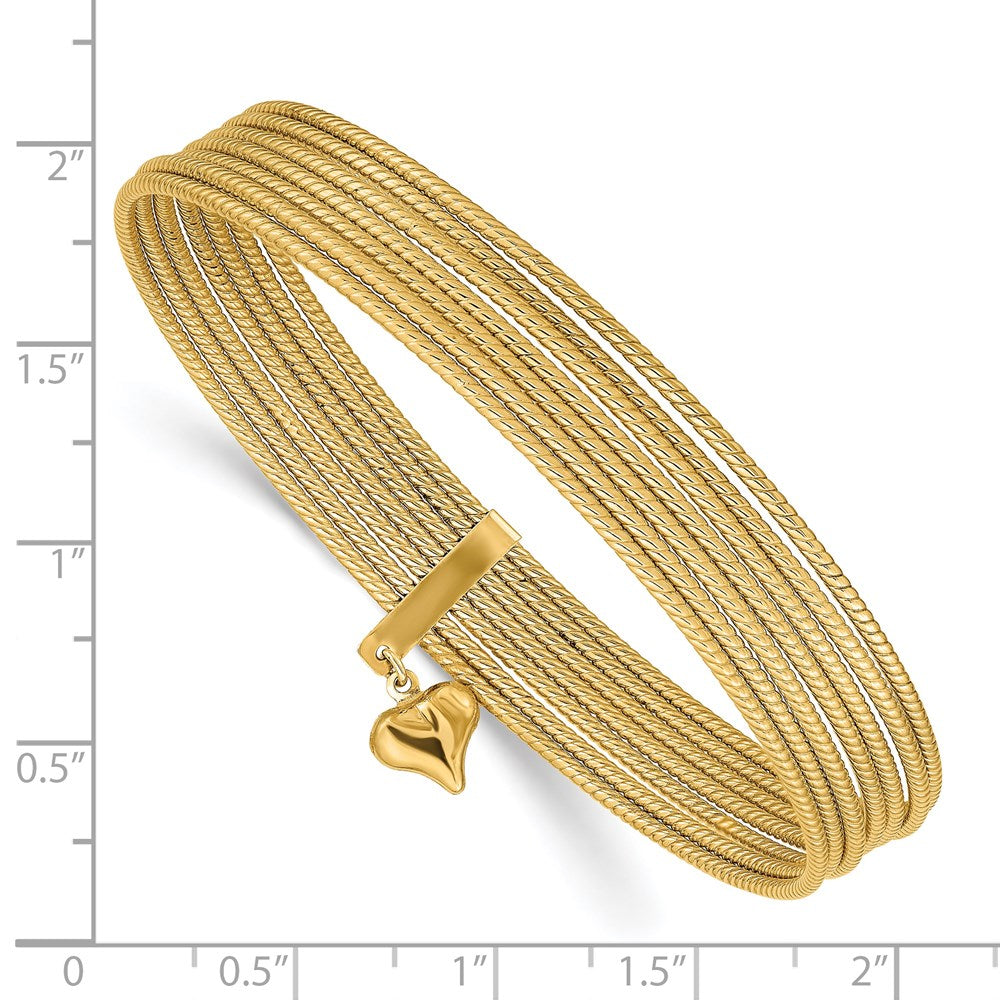 14k Yellow Gold w/ Dangle Heart Oversized Slip-on Set of 7 Textured Bangles