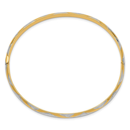 14k Yellow & Rhodium Gold 3/16 w/White Rhodium Textured Criss-Cross Hinged Bangle