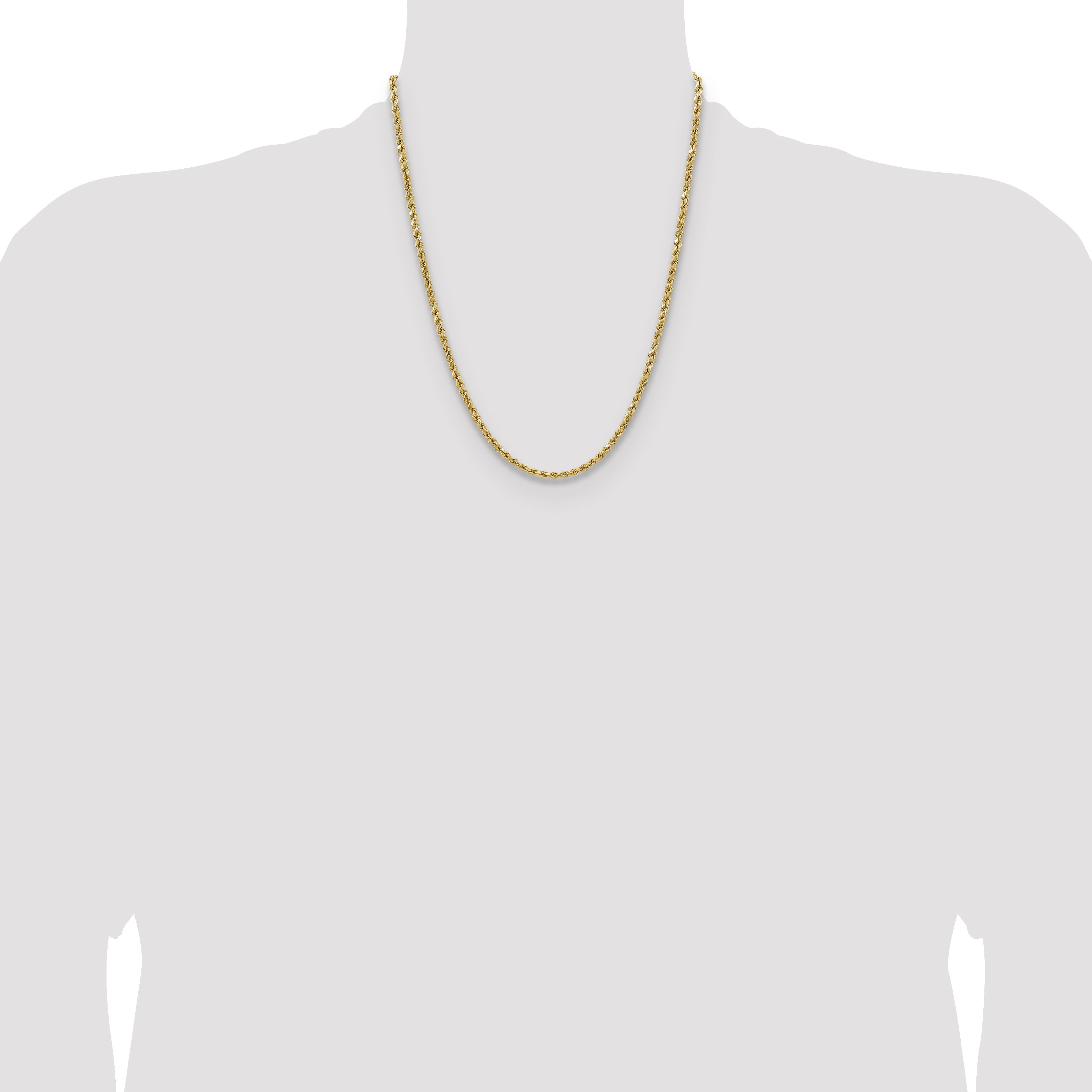 14K Yellow Gold 22 Inch 3.5mm Semi Solid Diamond-Cut Rope With Lobster Clasp Chain Necklace