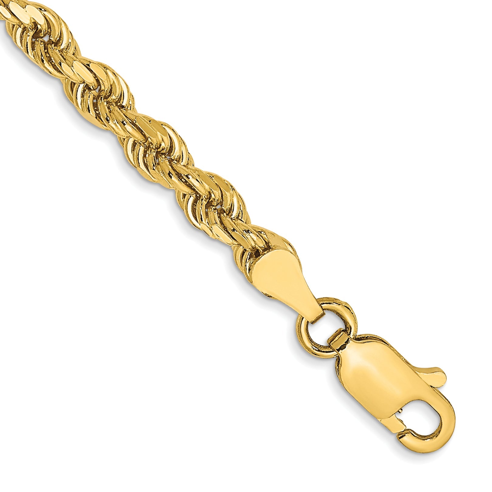14k Yellow Gold 7 inch 3.5mm Semi Solid Diamond-cut Rope with Lobster Clasp Chain Bracelet