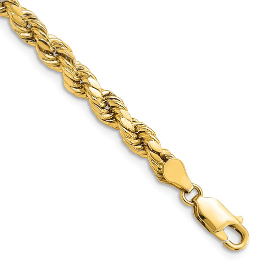 14k Yellow Gold 8 inch 4.9mm Semi Solid Diamond-cut Rope with Lobster Clasp Chain Bracelet