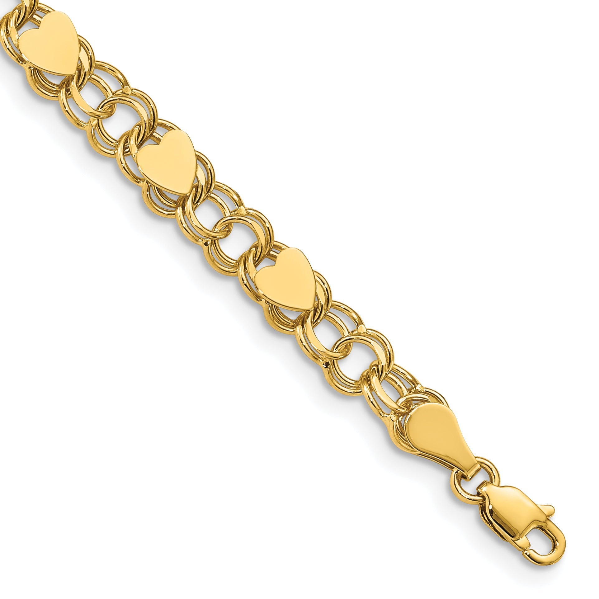 8 Inch 14K Double Link With Hearts Charm Bracelet