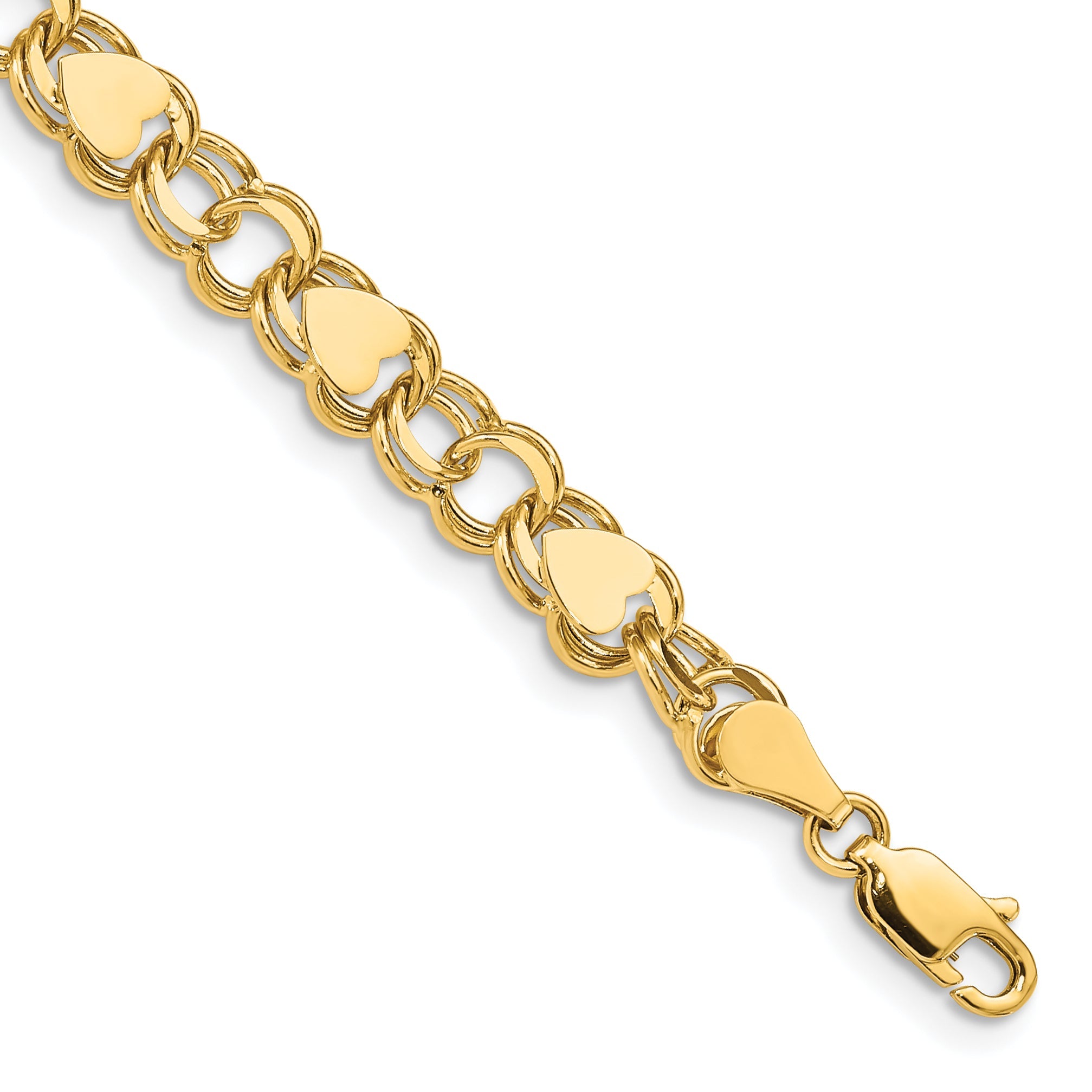 7 Inch 14K Double Link With Hearts Charm Bracelet